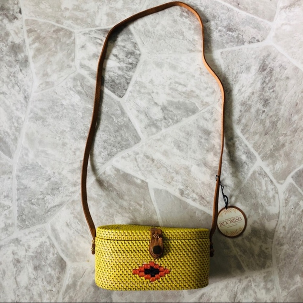 NWT made in Indonesia handcrafted yellow rectangle western wicker woven bag